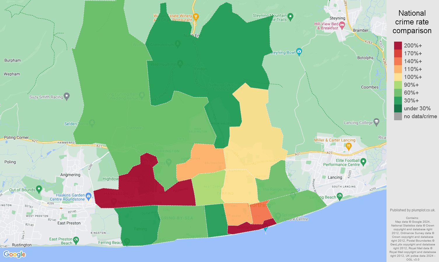 Worthing crime rate comparison map