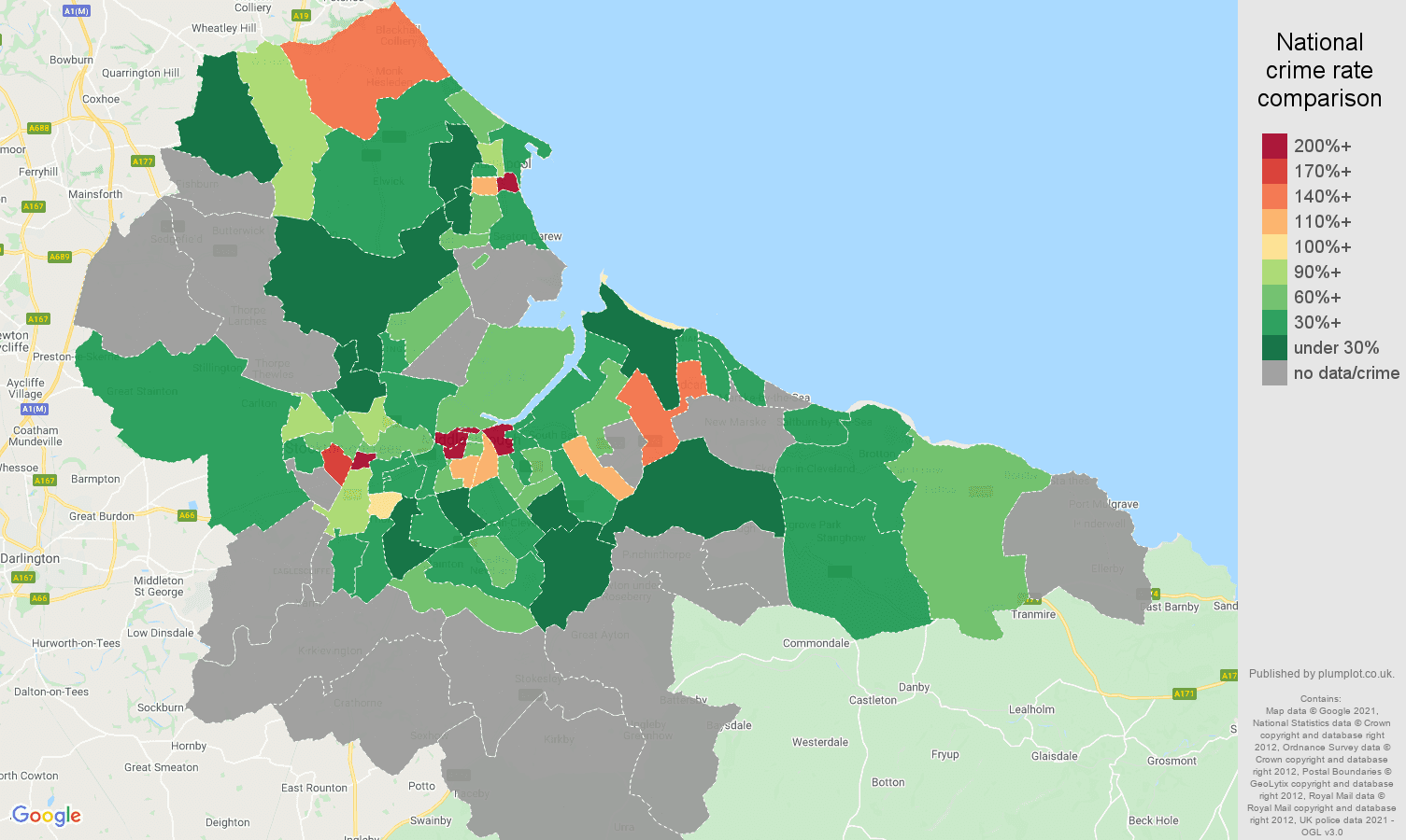 Cleveland theft from the person crime rate comparison map