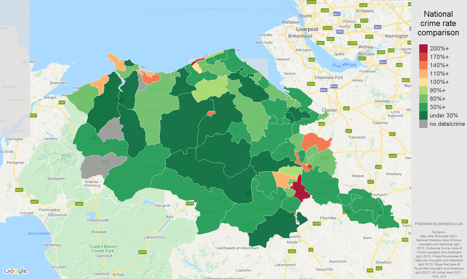 Clwyd drugs crime rate comparison map