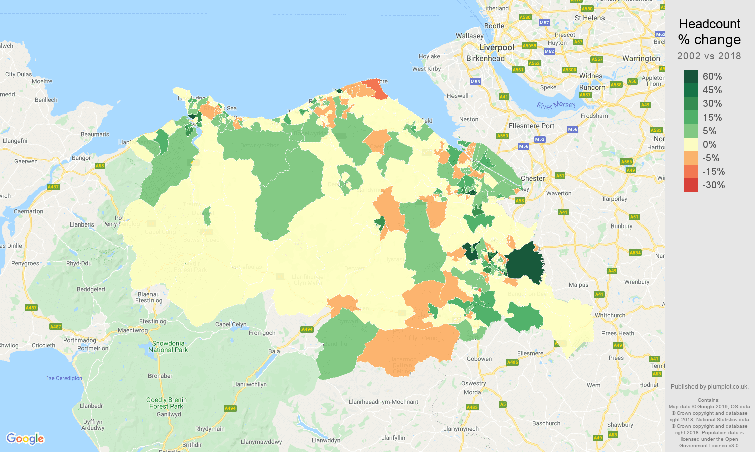 Clwyd headcount change map