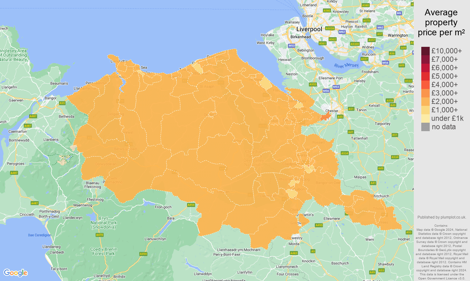 Clwyd house prices per square metre map