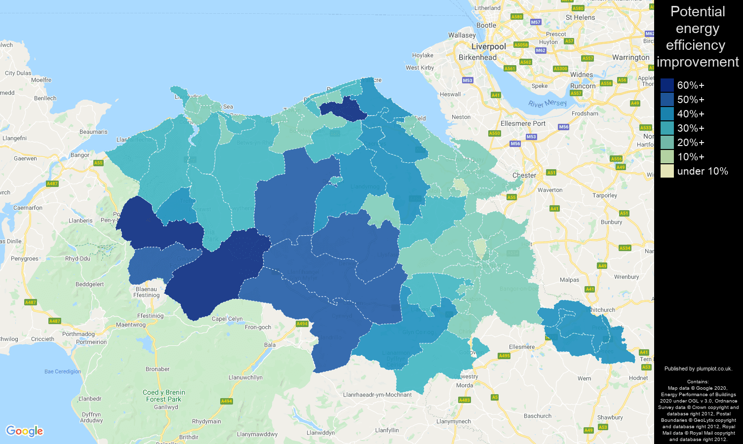 Clwyd map of potential energy efficiency improvement of houses