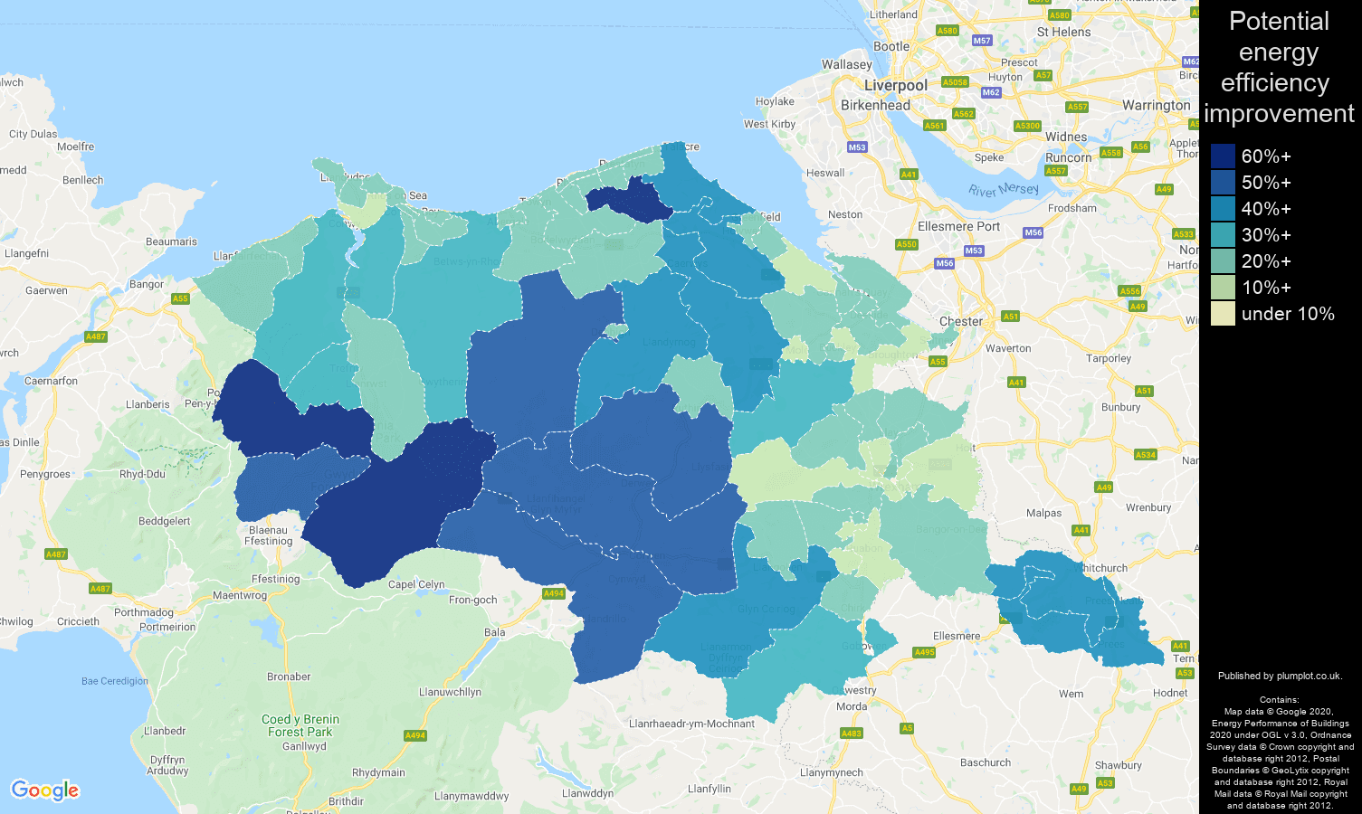 Clwyd map of potential energy efficiency improvement of properties