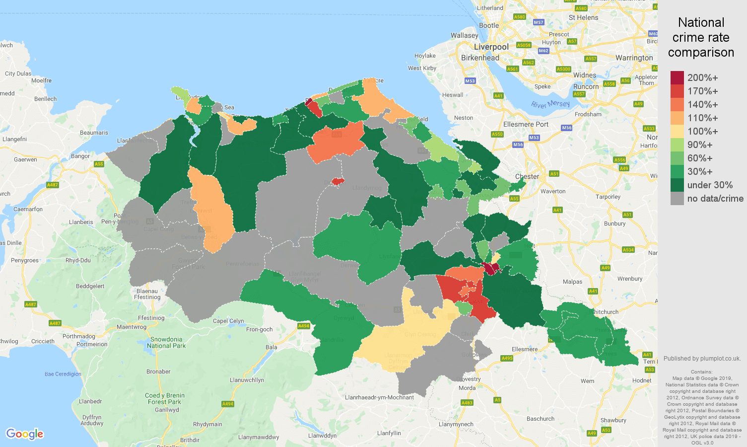 Clwyd possession of weapons crime rate comparison map