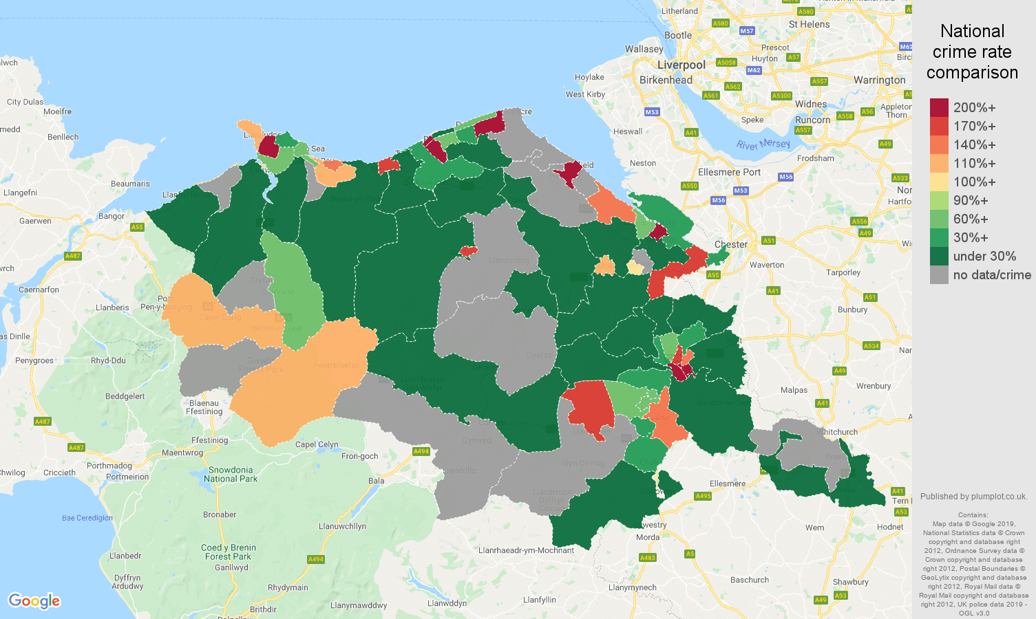 Clwyd shoplifting crime rate comparison map