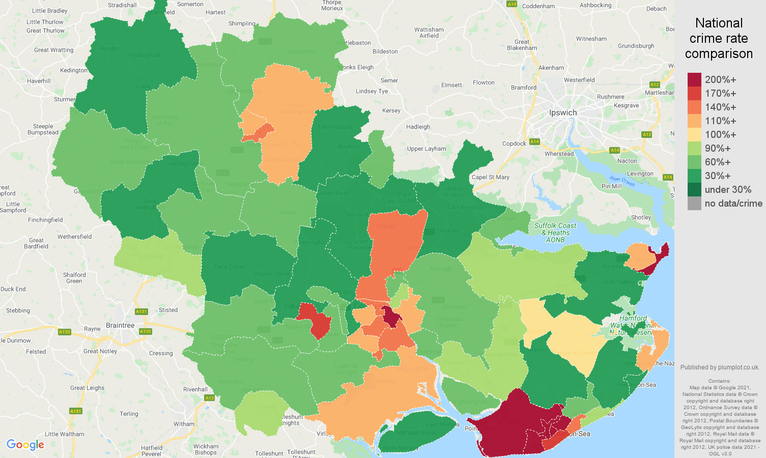 Colchester criminal damage and arson crime rate comparison map