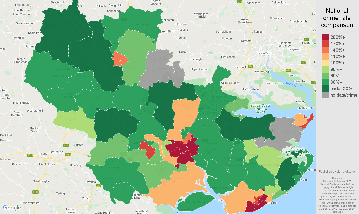Colchester drugs crime rate comparison map