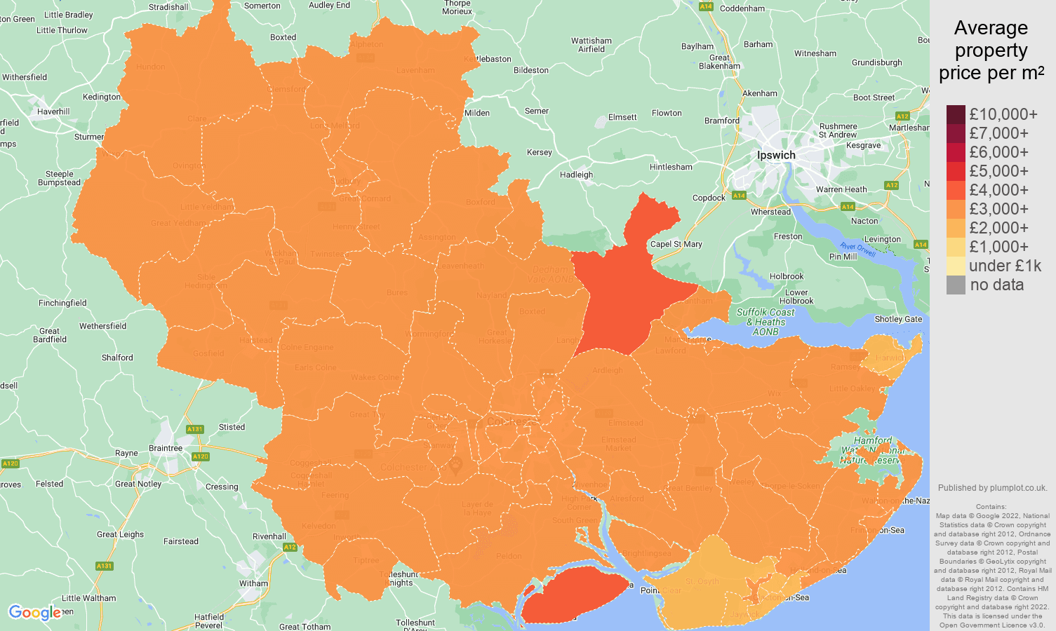 Colchester house prices per square metre map