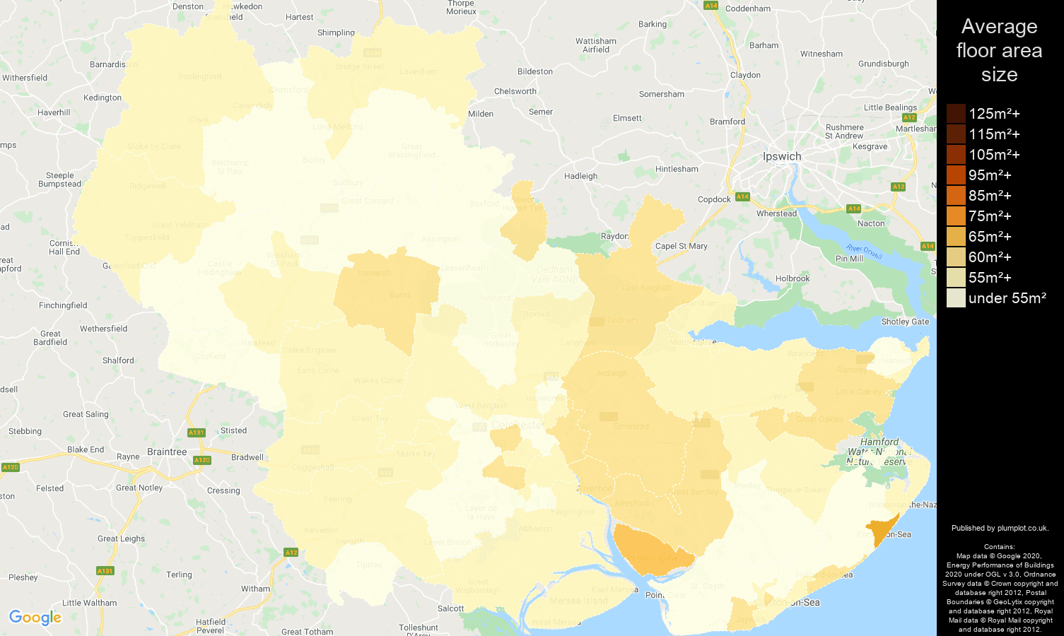 Colchester map of average floor area size of flats