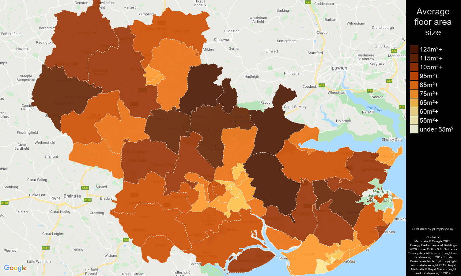 Colchester map of average floor area size of properties