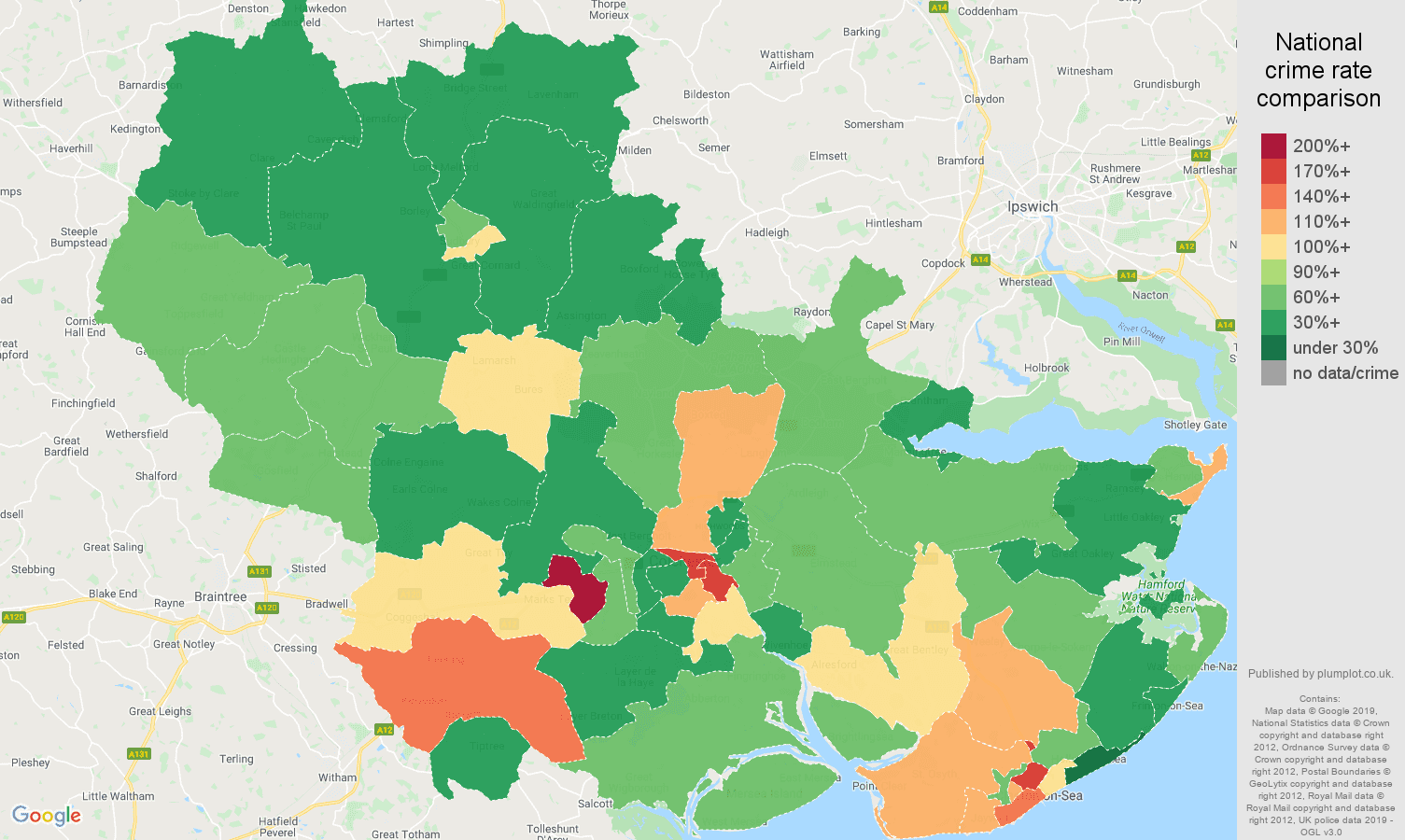 Colchester other theft crime rate comparison map