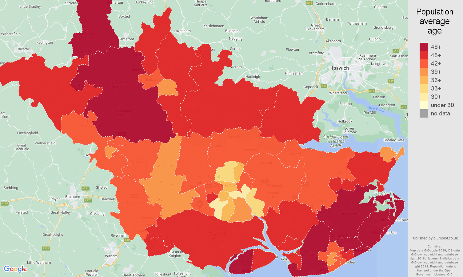 Colchester population average age map