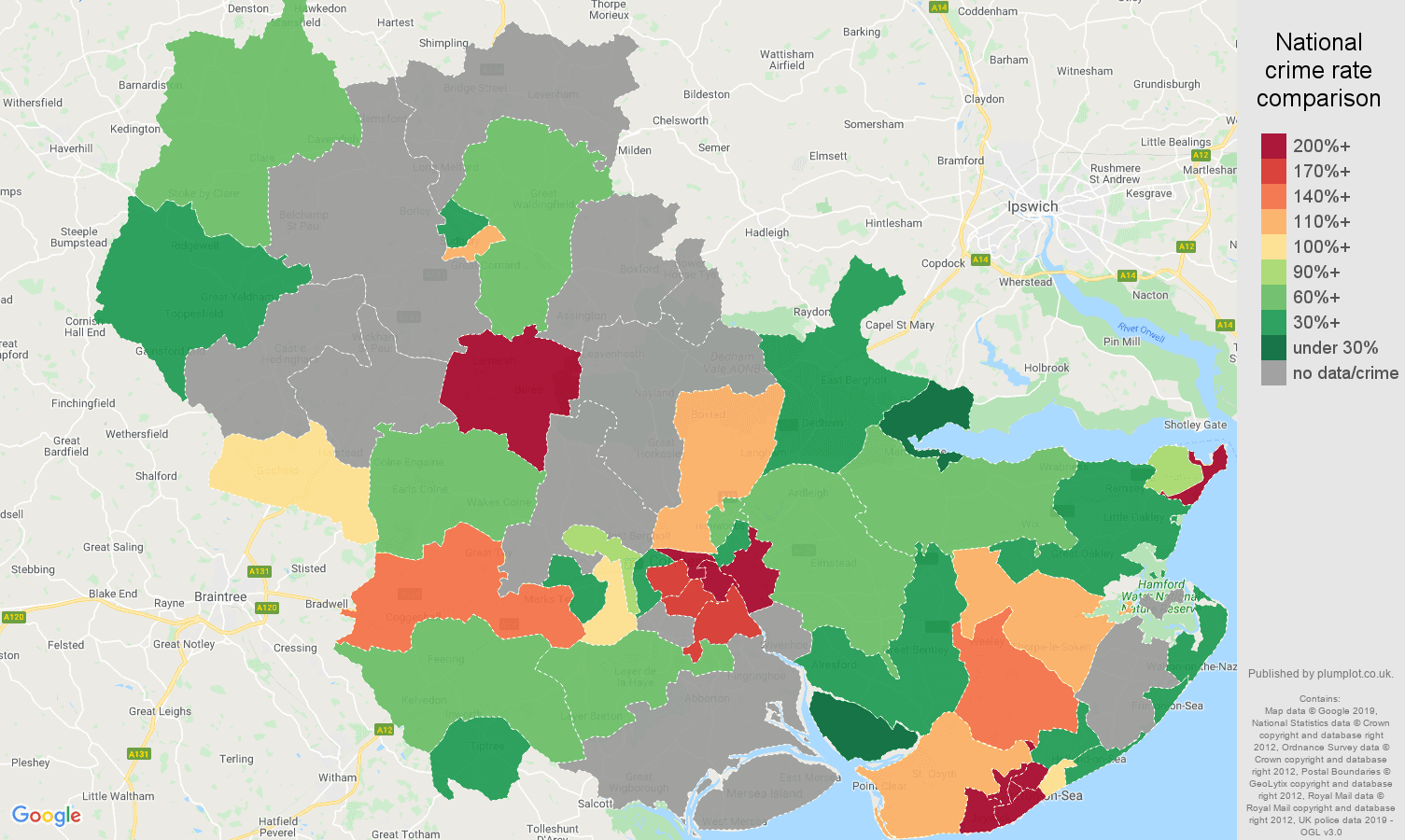 Colchester possession of weapons crime rate comparison map