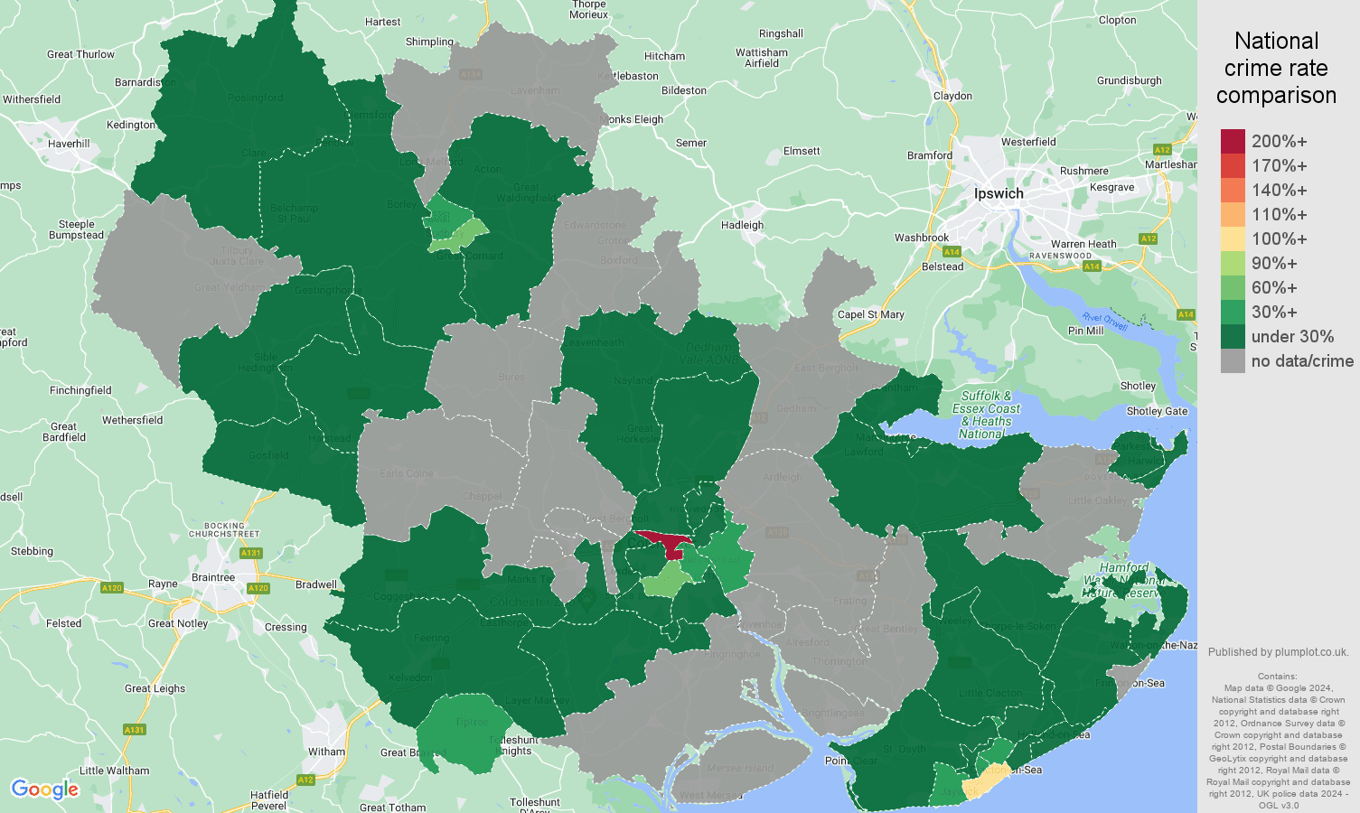 Colchester theft from the person crime rate comparison map