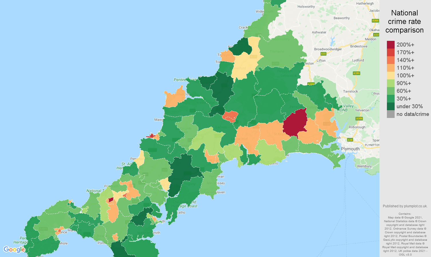 Cornwall criminal damage and arson crime rate comparison map