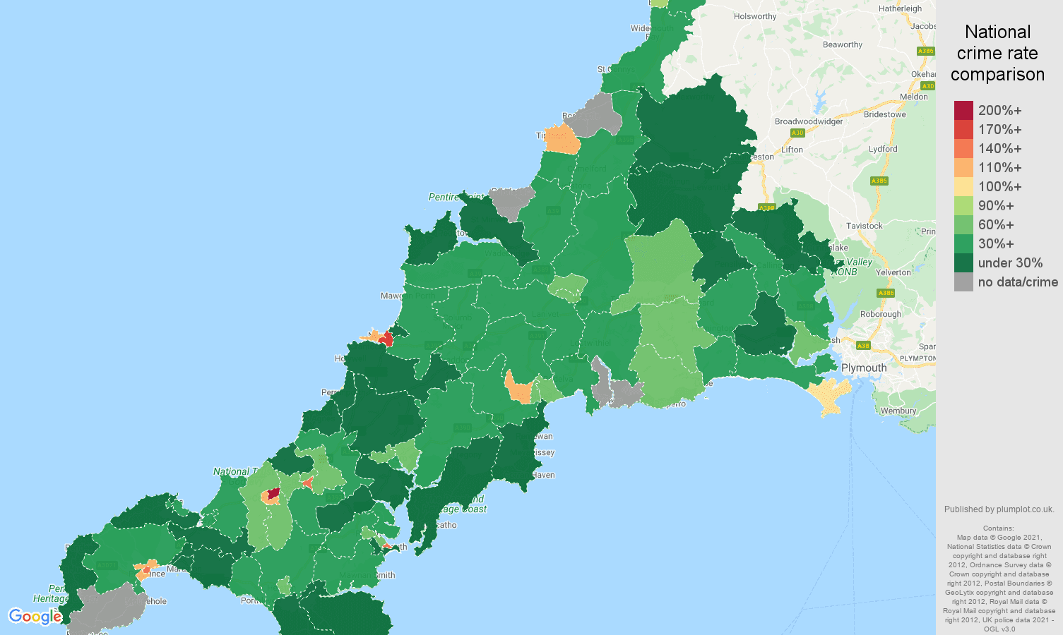 Cornwall drugs crime rate comparison map