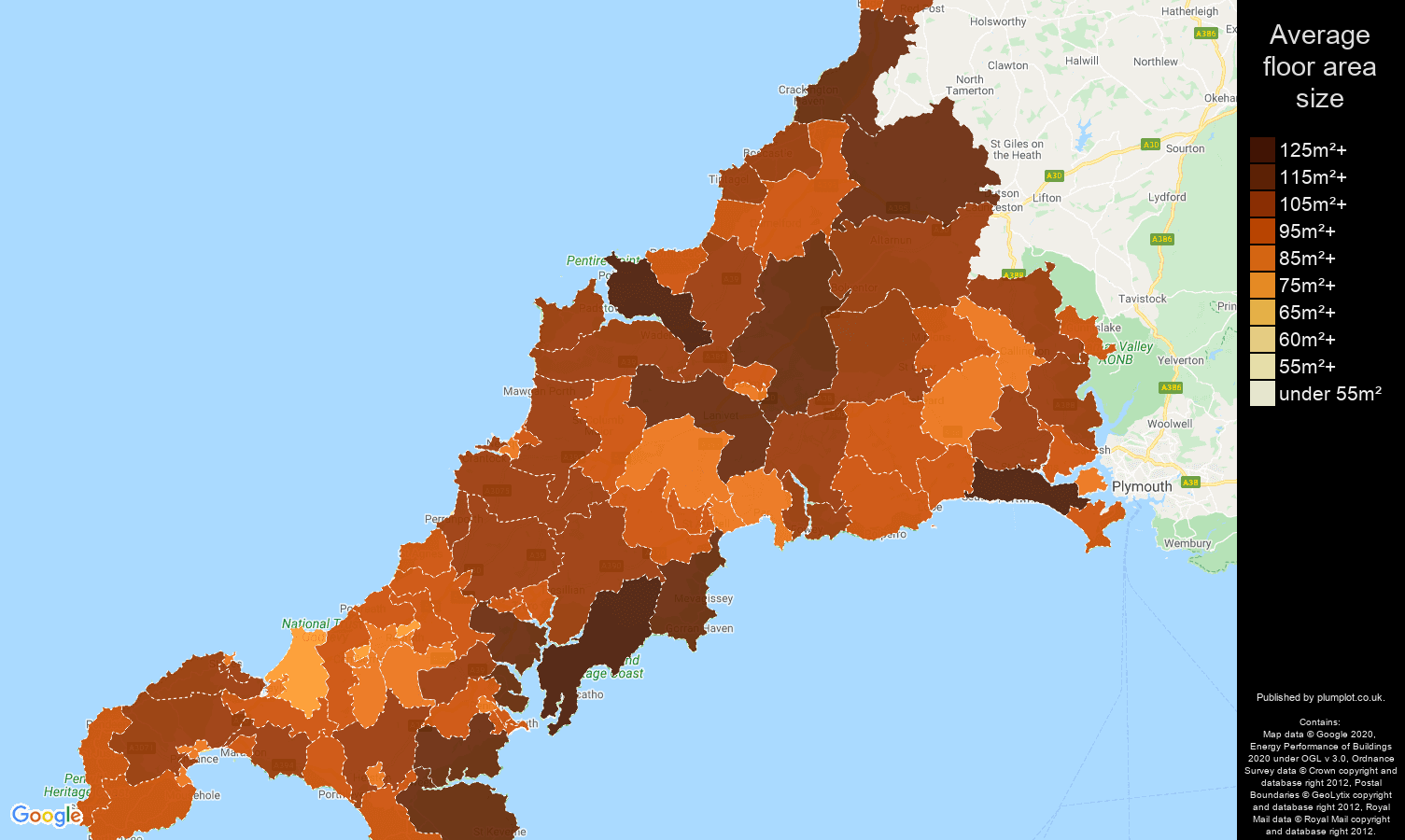 Cornwall map of average floor area size of houses