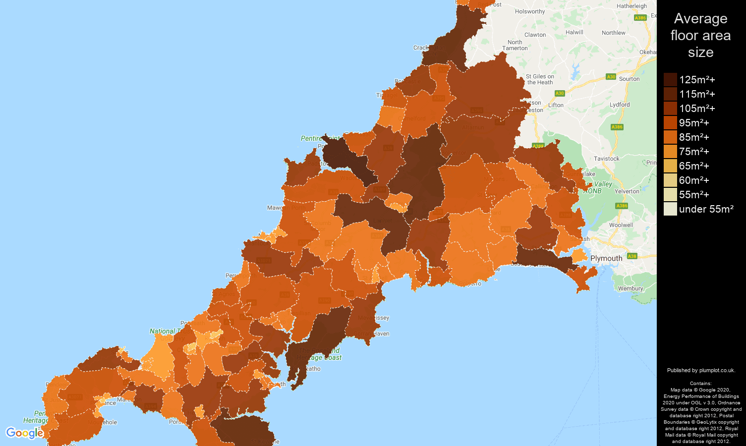 Cornwall map of average floor area size of properties
