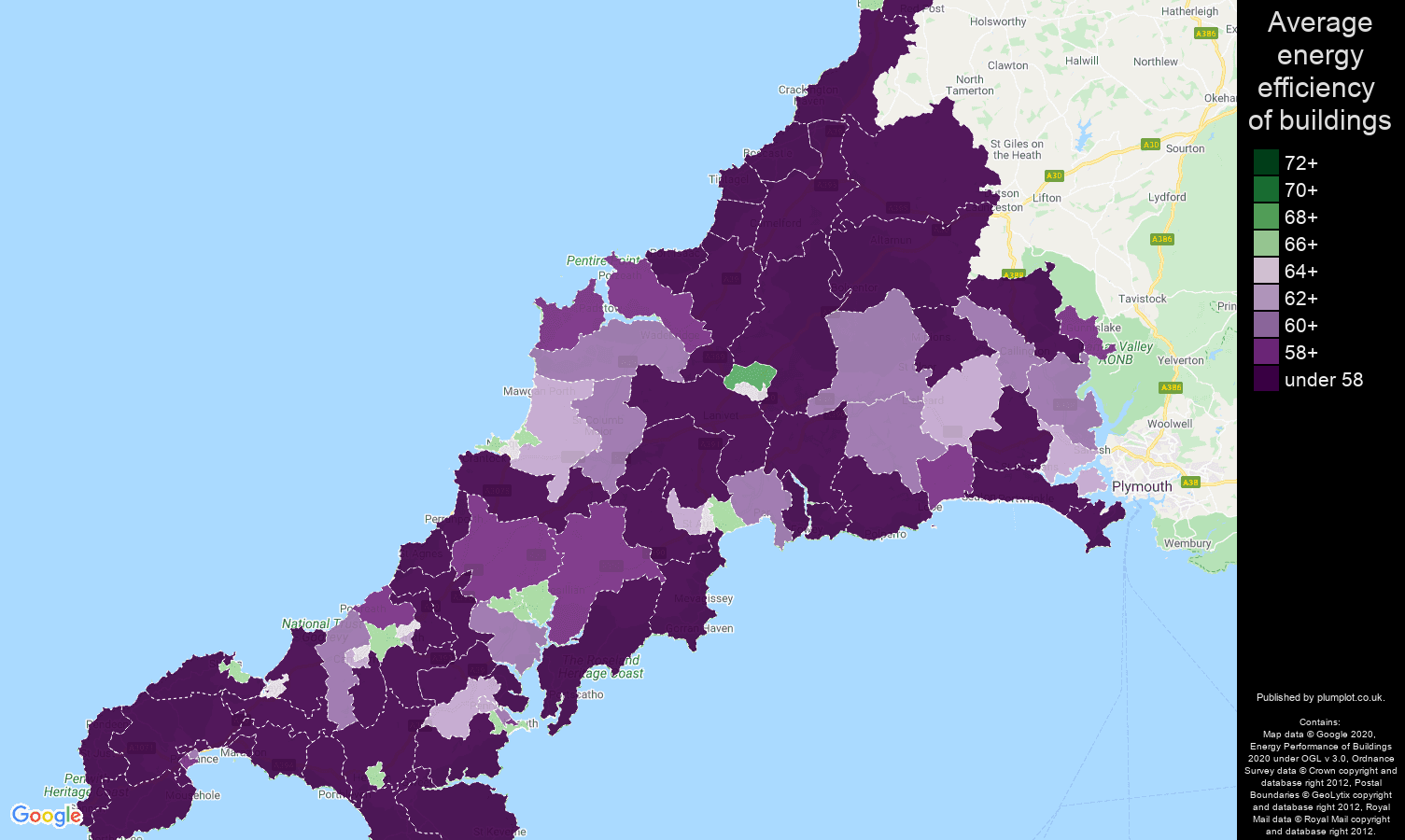 Cornwall map of energy efficiency of properties