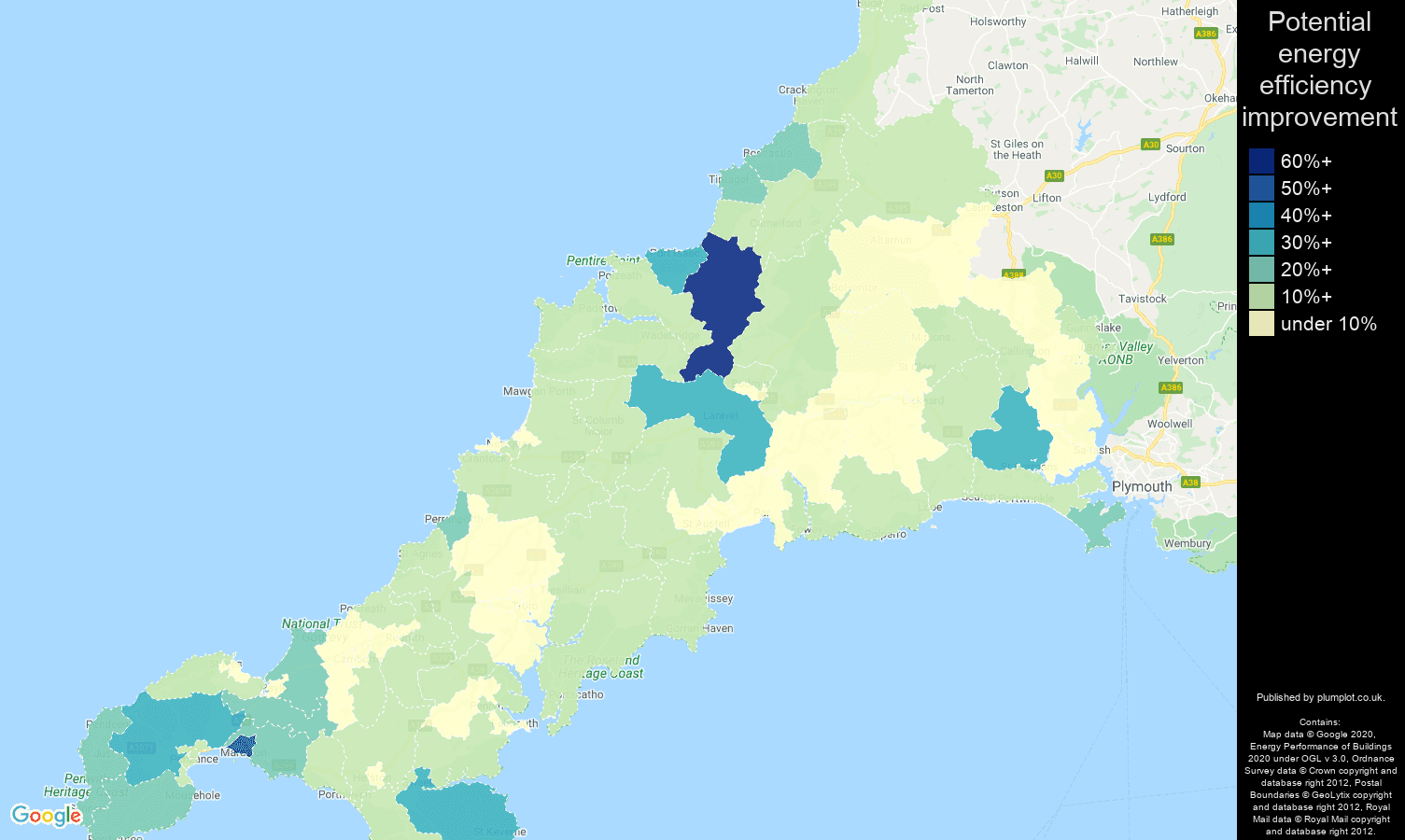 Cornwall map of potential energy efficiency improvement of flats