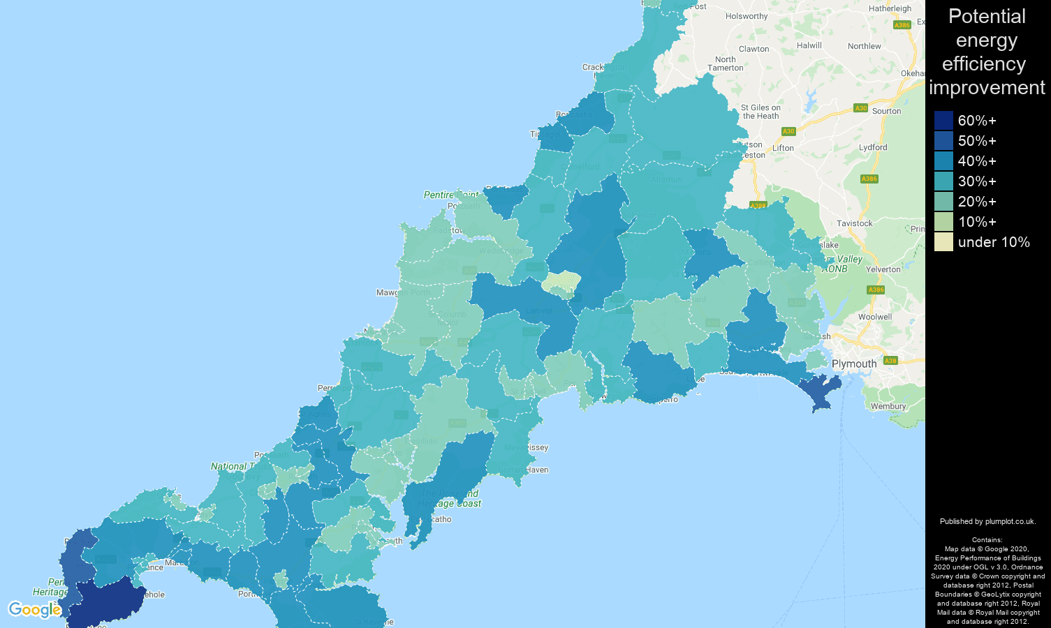 Cornwall map of potential energy efficiency improvement of houses