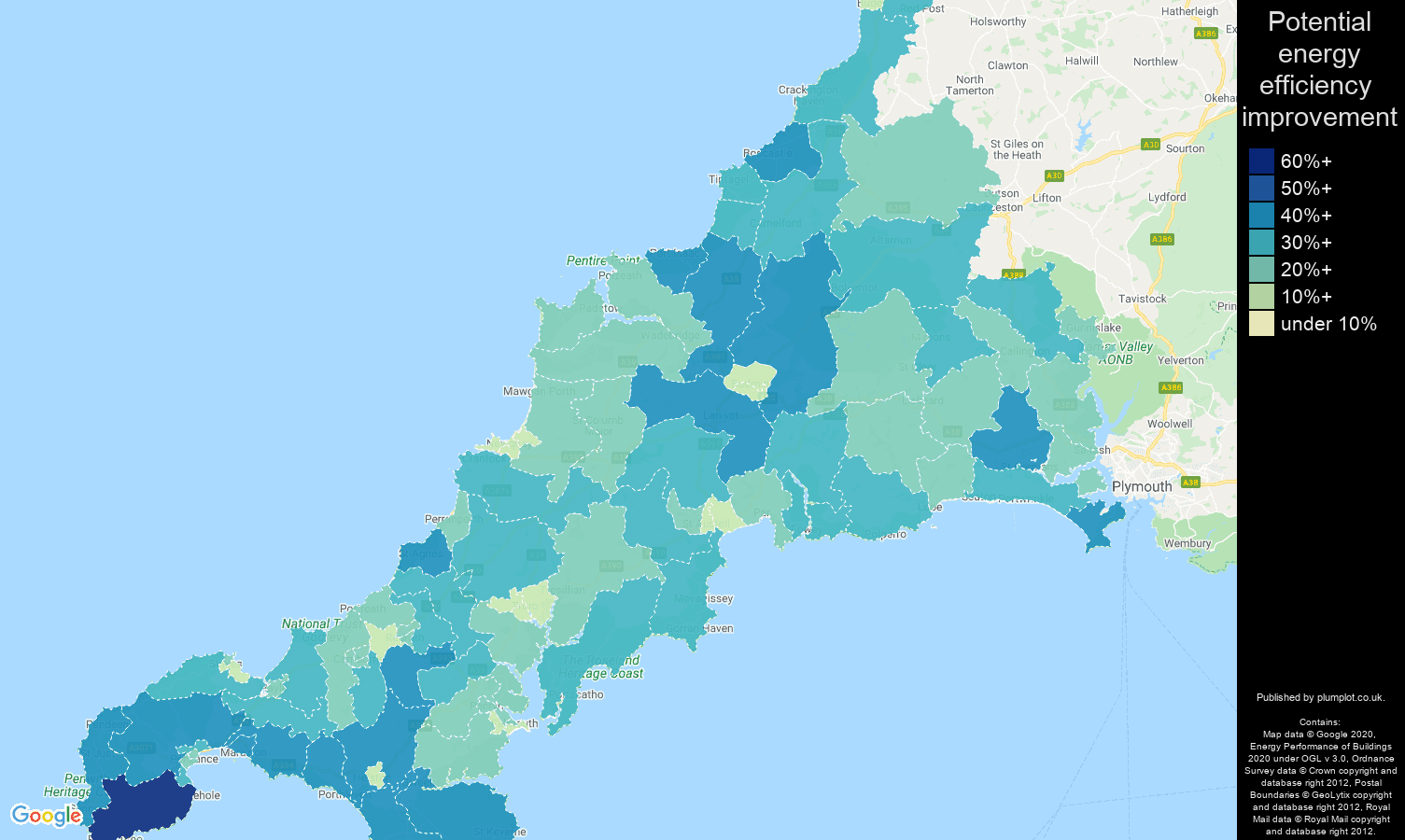 Cornwall map of potential energy efficiency improvement of properties