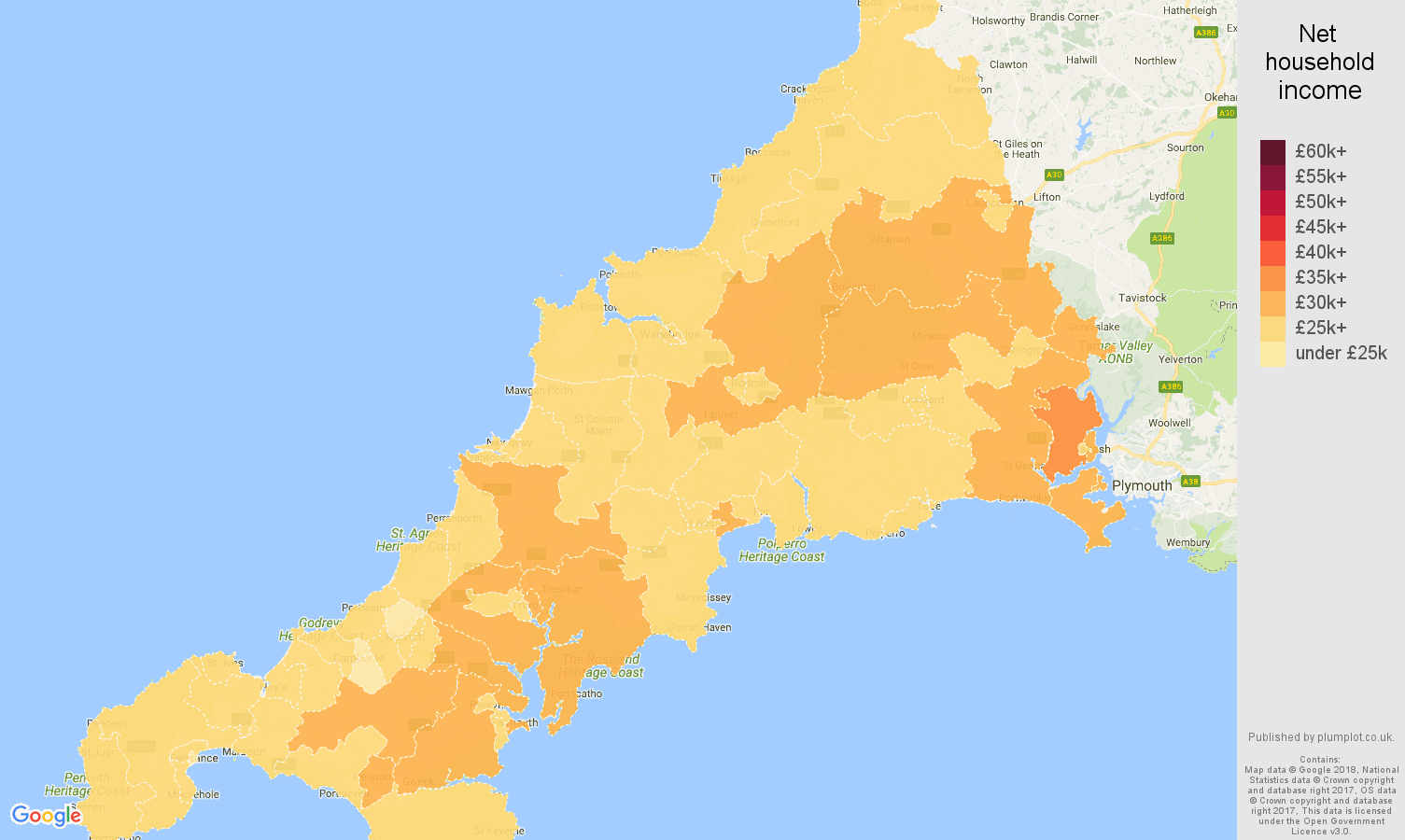 Cornwall net household income map