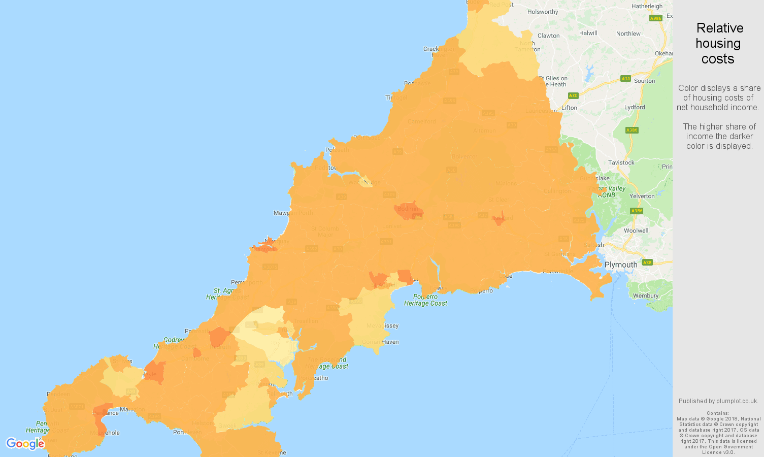 Cornwall relative housing costs map