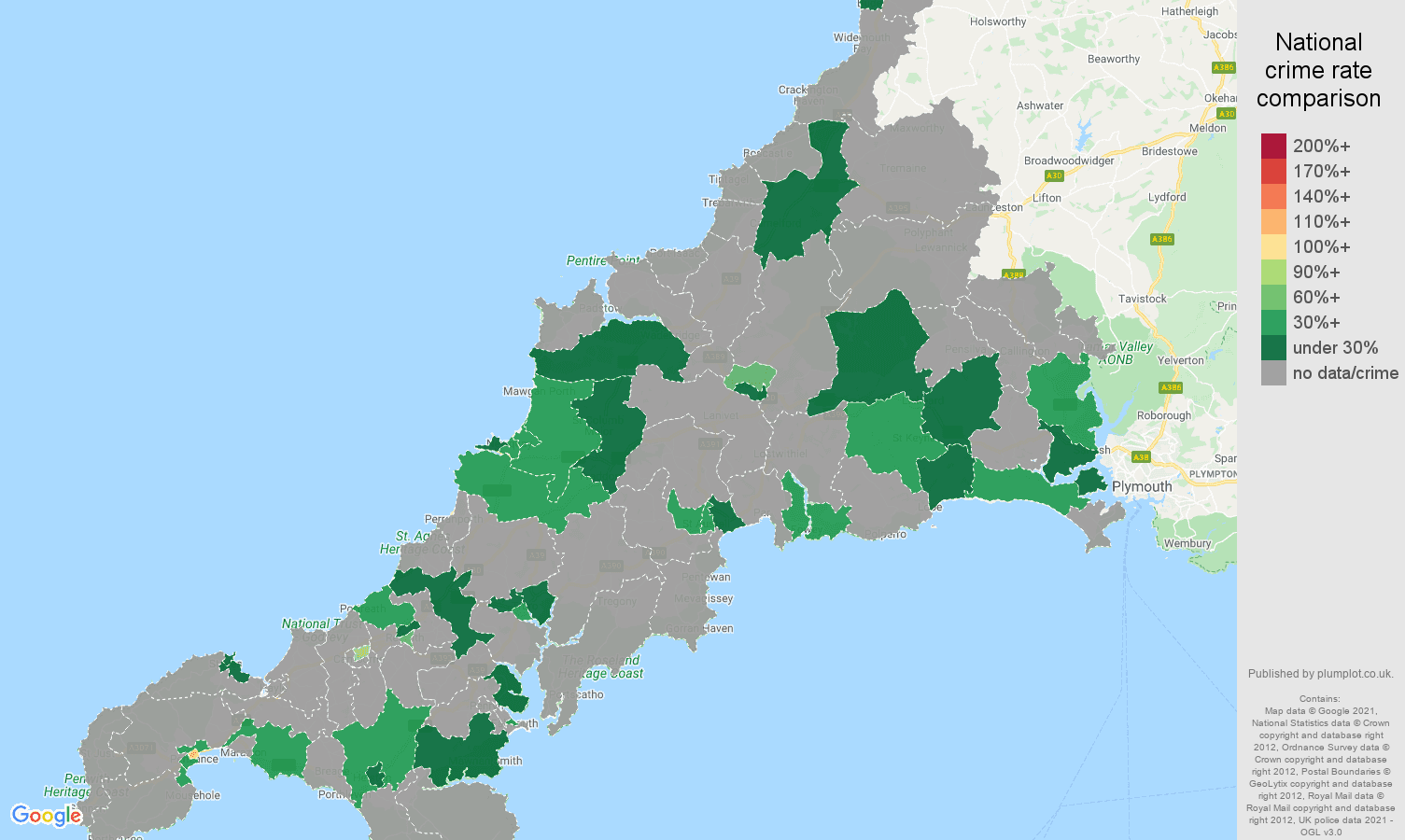 Cornwall robbery crime rate comparison map