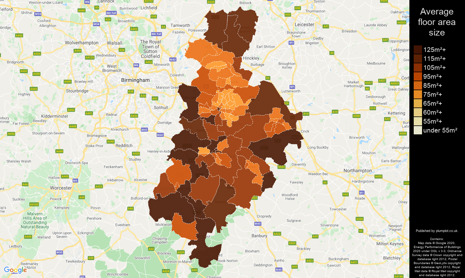 Coventry map of average floor area size of houses