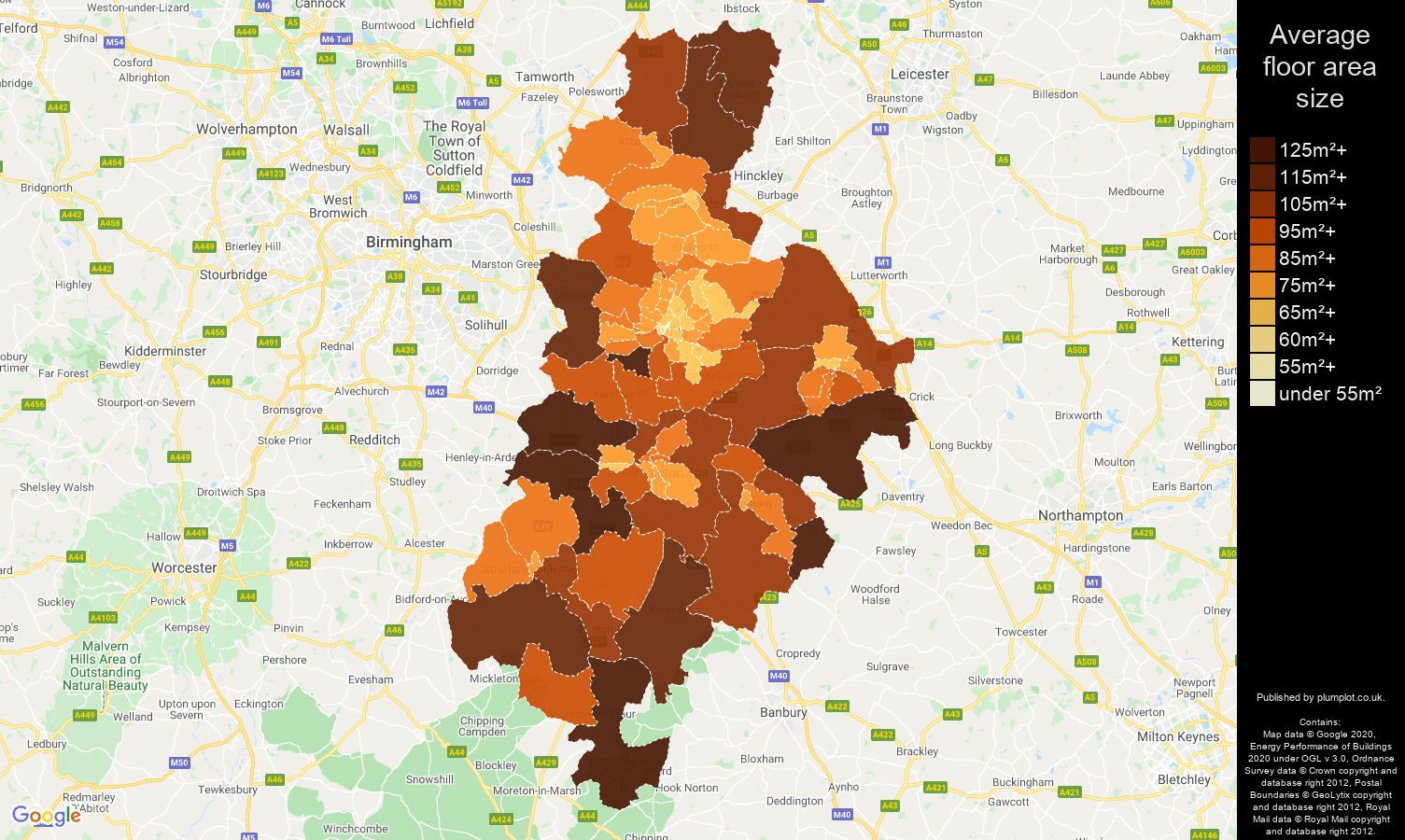 Coventry map of average floor area size of properties
