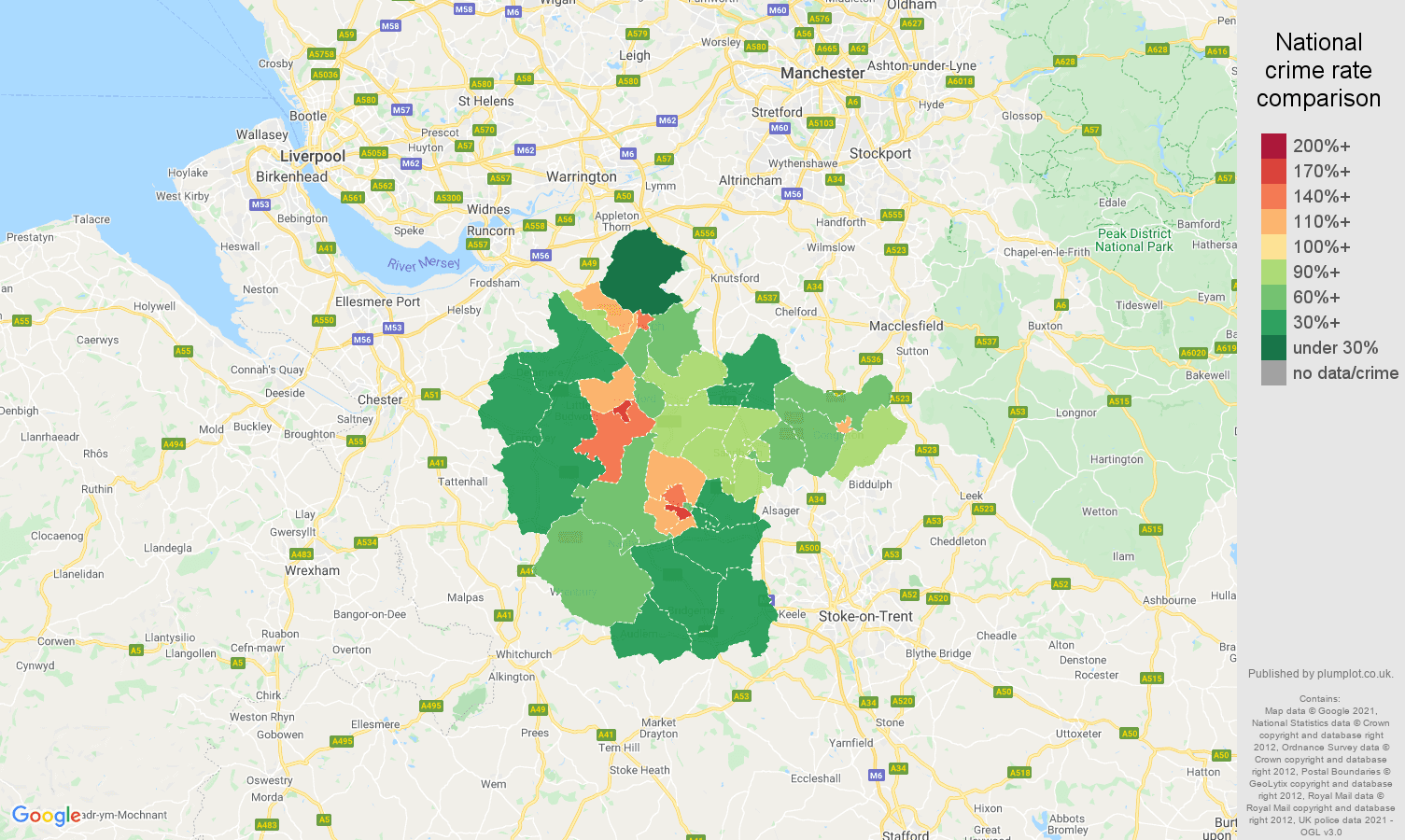 Crewe criminal damage and arson crime rate comparison map