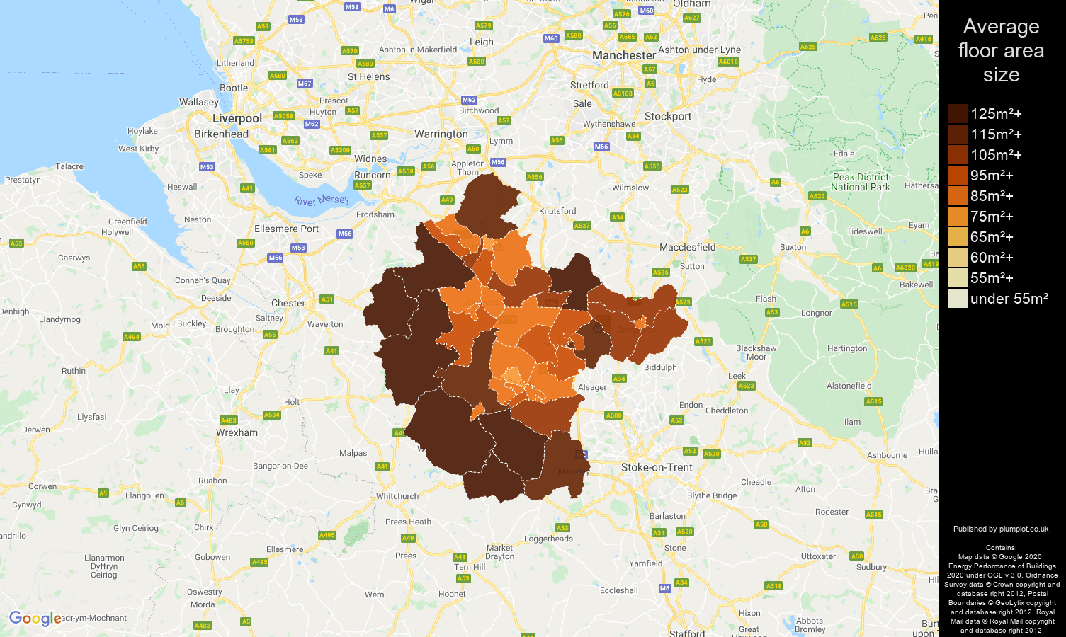 Crewe map of average floor area size of houses