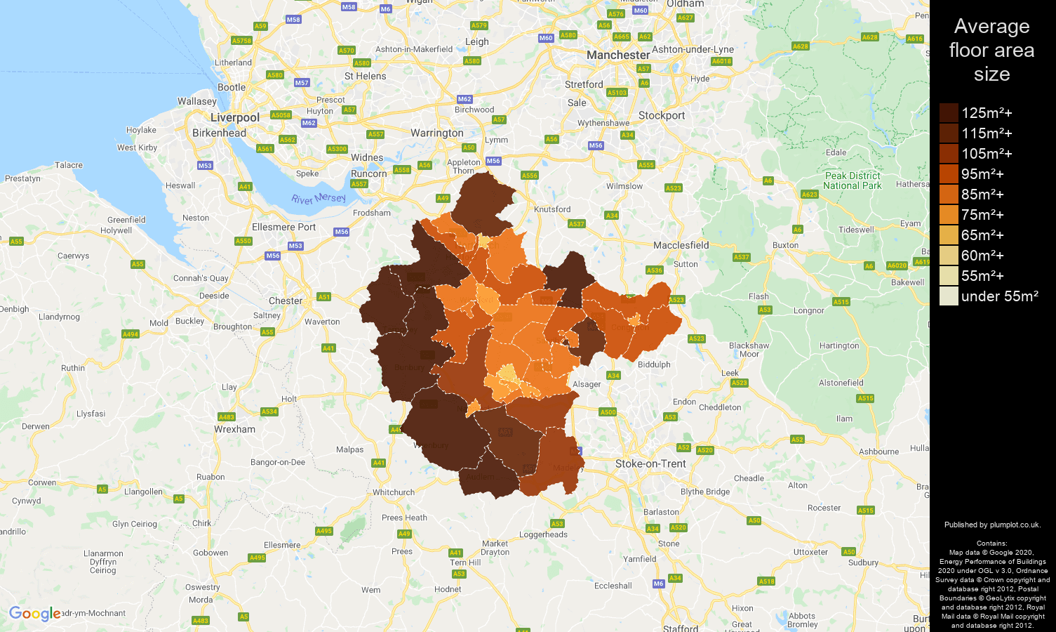 Crewe map of average floor area size of properties