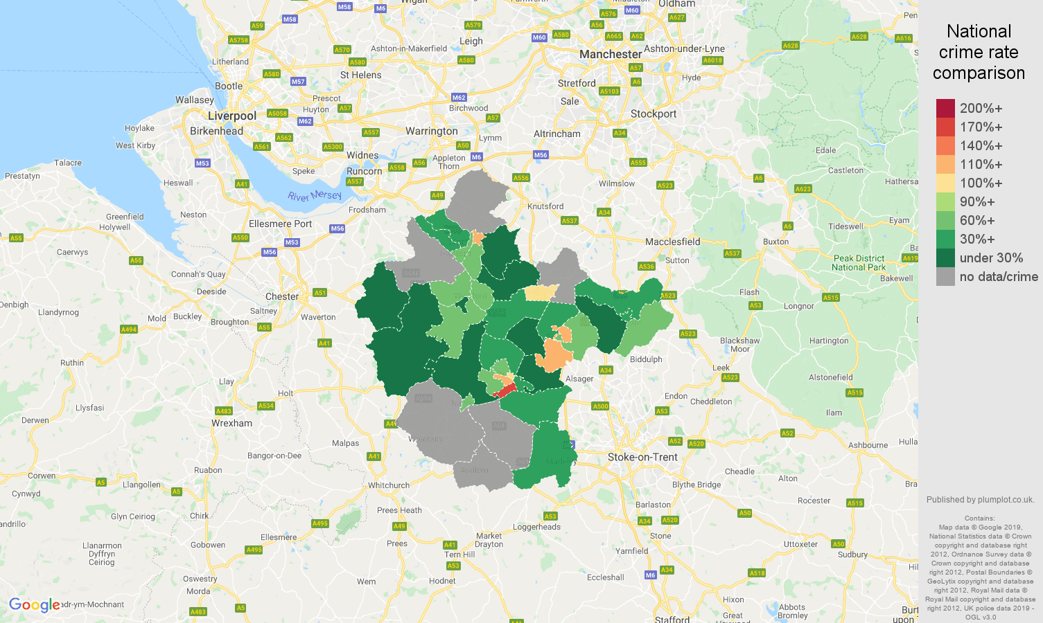 Crewe possession of weapons crime rate comparison map