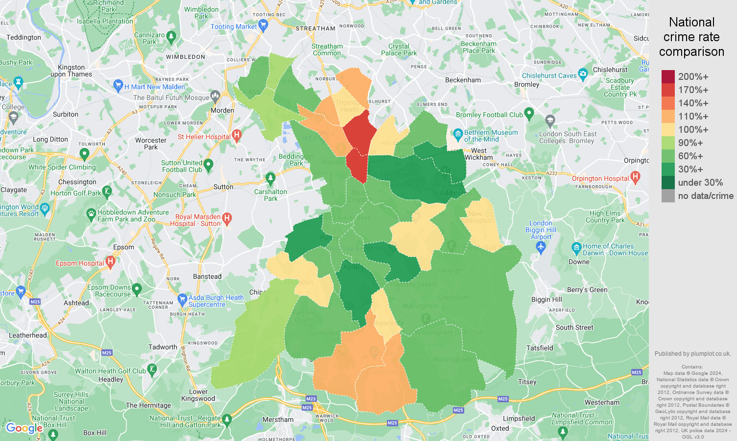 Croydon criminal damage and arson crime rate comparison map