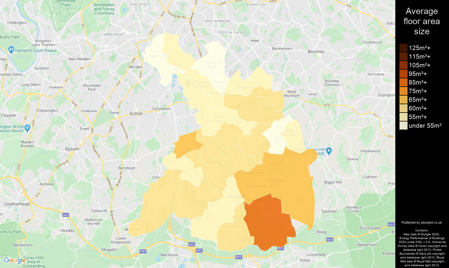 Croydon map of average floor area size of flats
