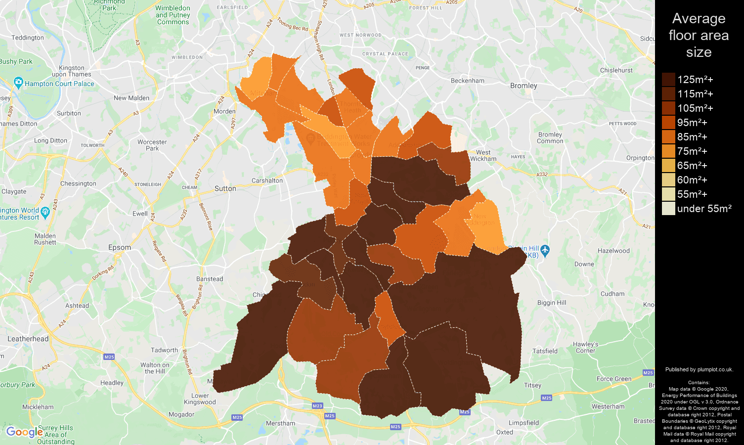 Croydon map of average floor area size of houses