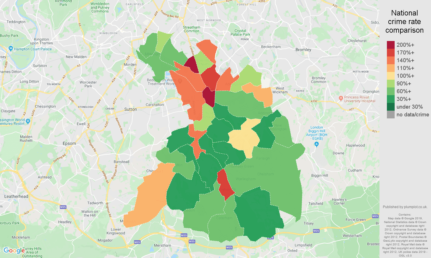 Croydon other theft crime rate comparison map