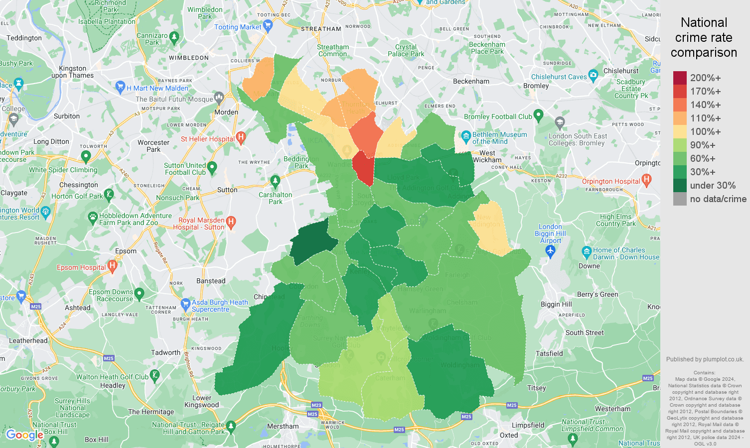 Croydon violent crime rate comparison map