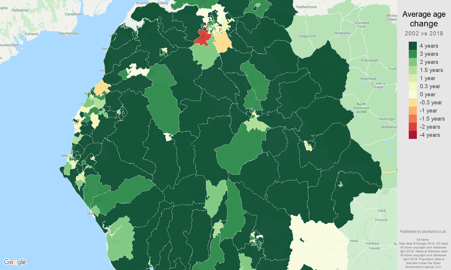 Cumbria average age change map