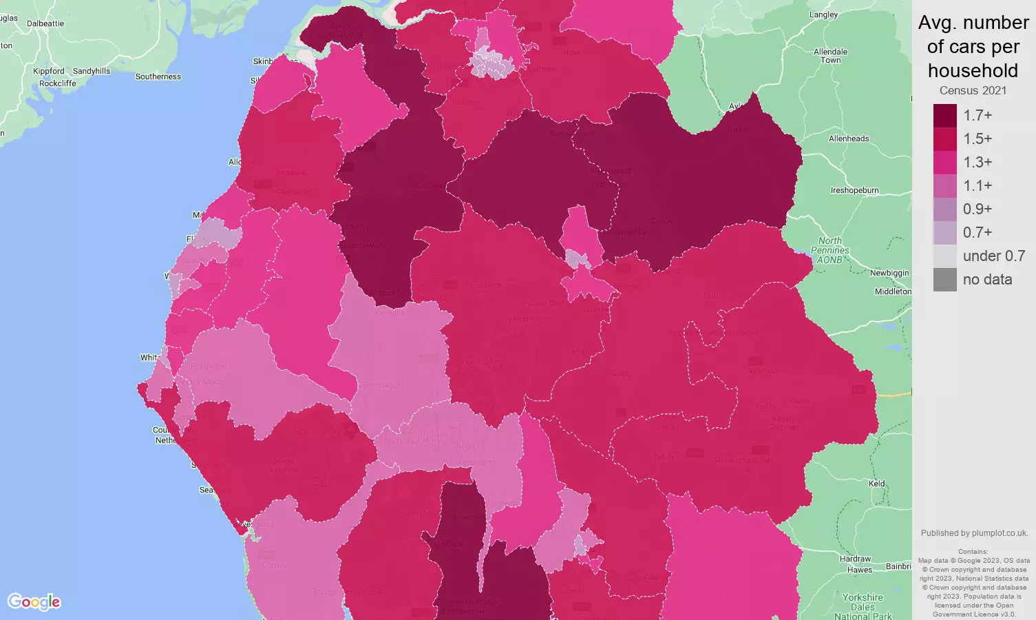 Cumbria cars per household map
