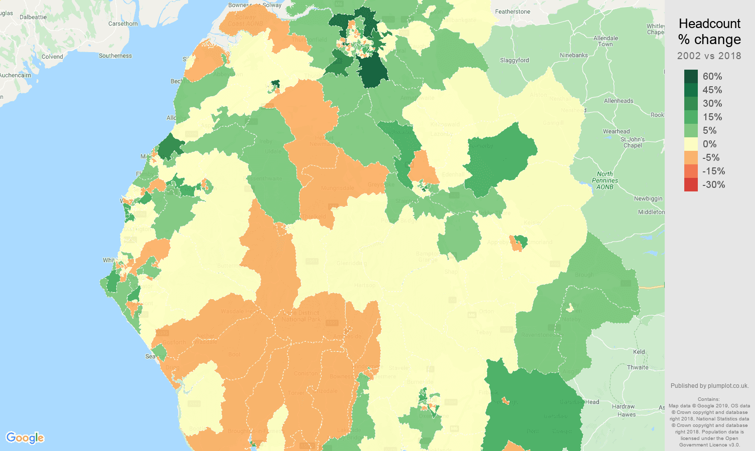 Cumbria headcount change map