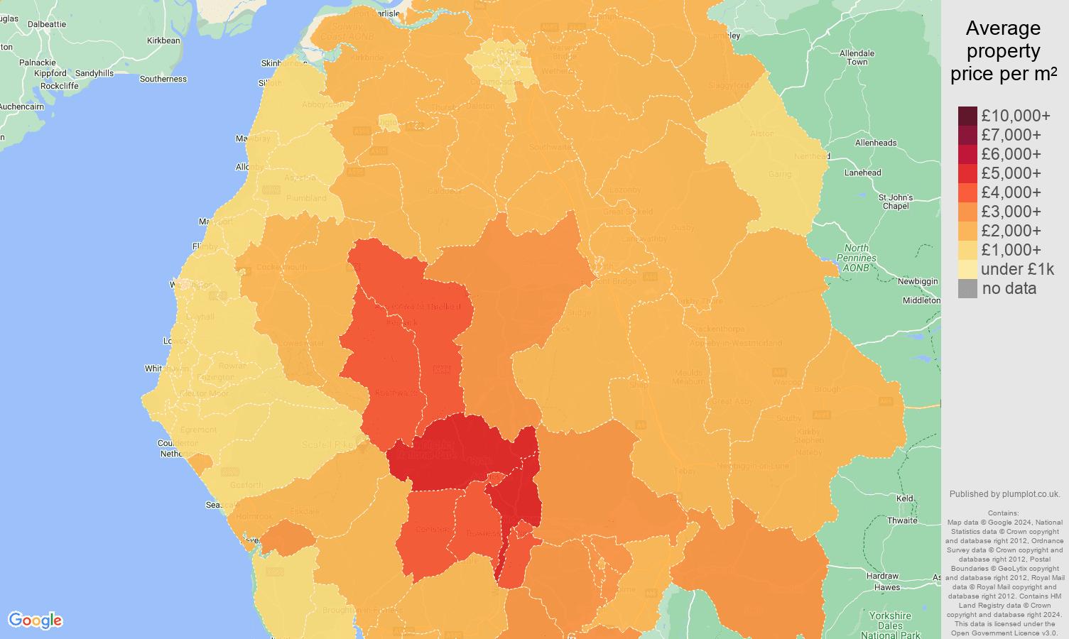 Cumbria house prices per square metre map