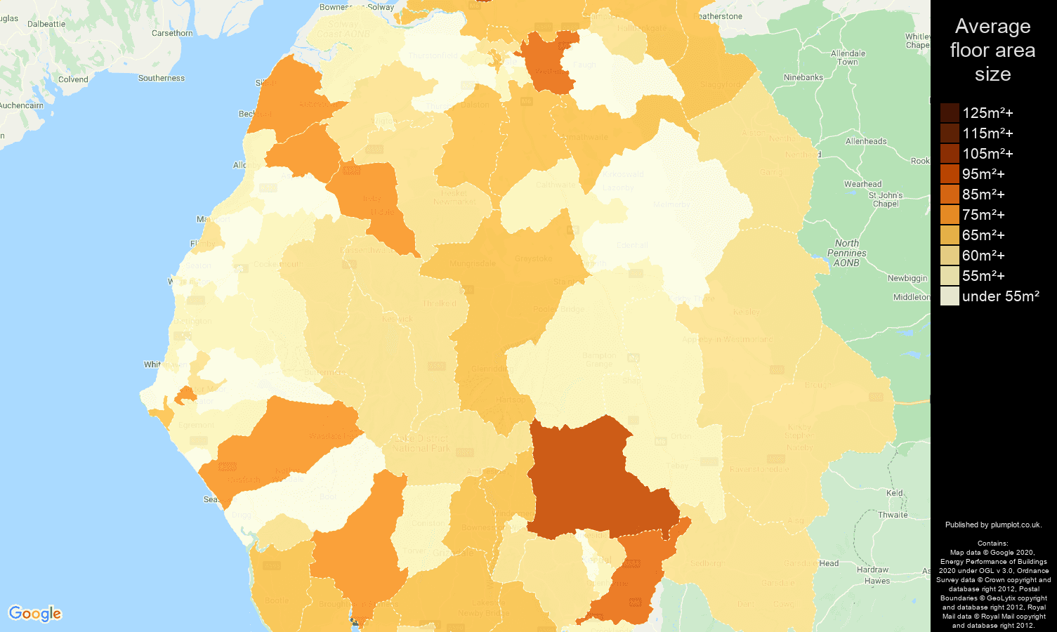 Cumbria map of average floor area size of flats