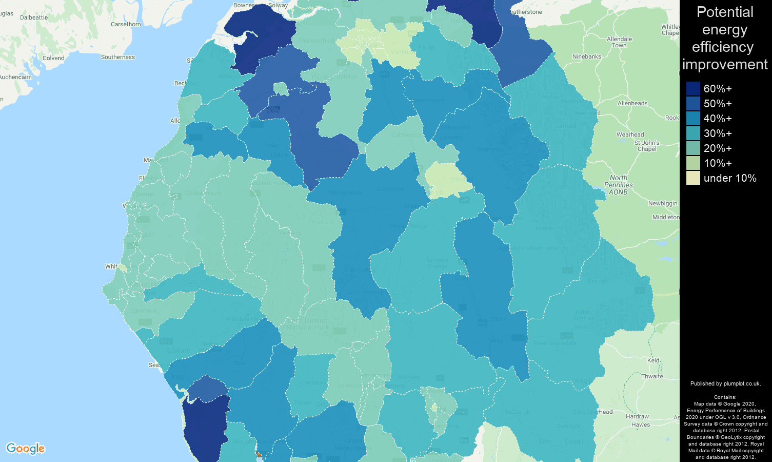 Cumbria map of potential energy efficiency improvement of properties