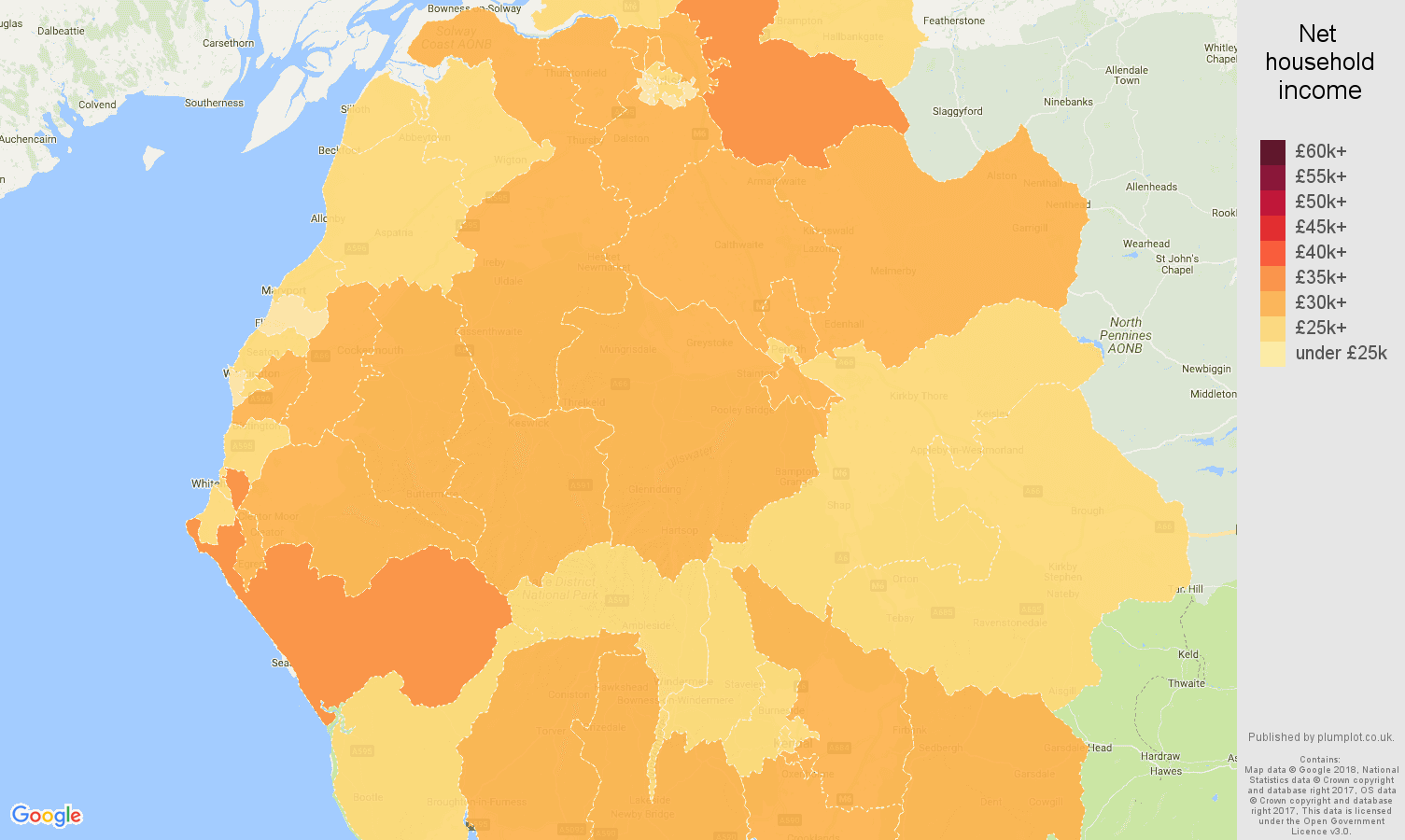Cumbria net household income map