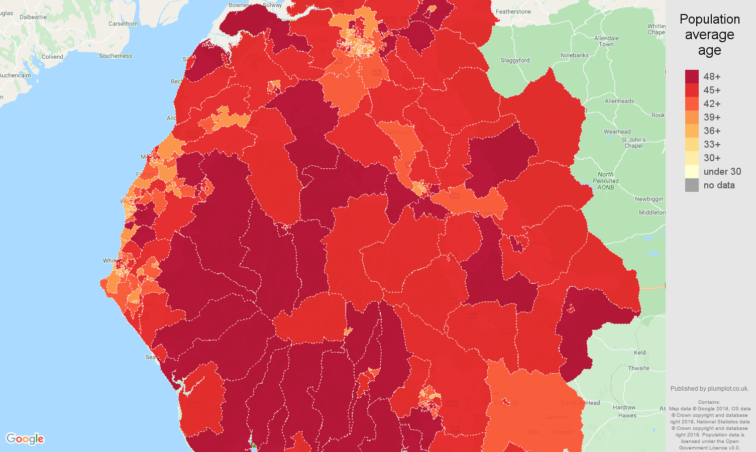 Cumbria population average age map