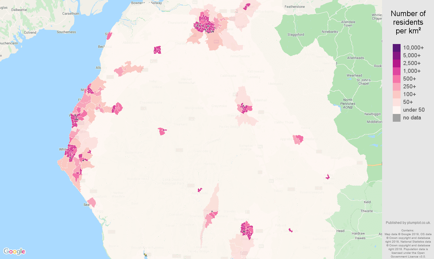 Cumbria population density map