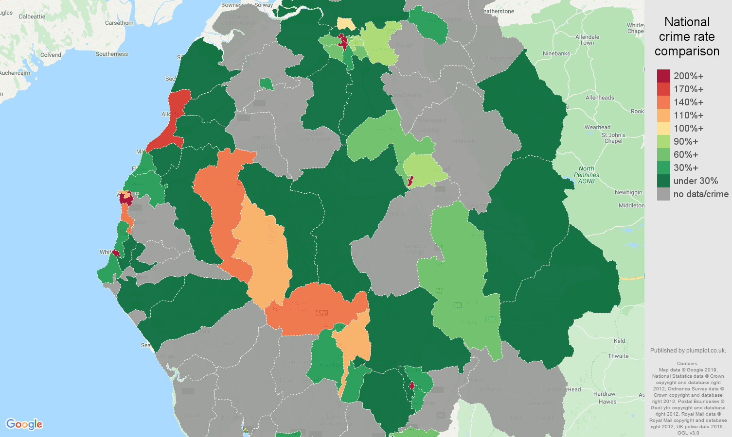 Cumbria shoplifting crime rate comparison map